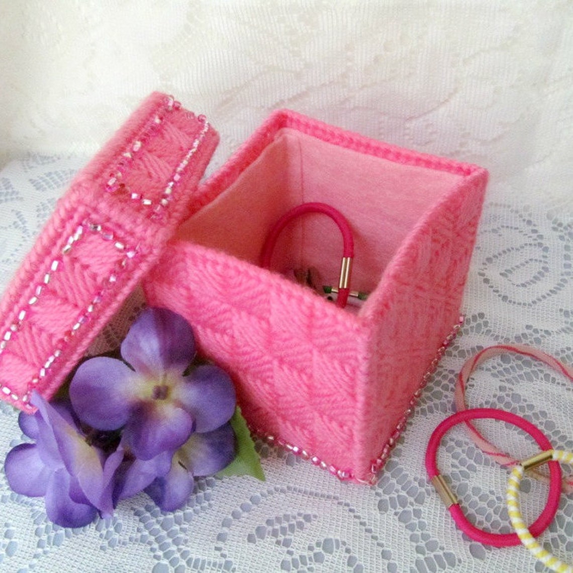 Pink Beaded Plastic Canvas Jewelry Box Sparkly Gift Box or Etsy