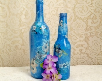 Blue Flowers Decoupaged Bottle Set, Upcycled Bottle Art, Decorative Wine Bottle, Boho Shelf Decor