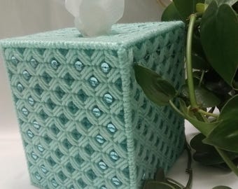 Aquamarine Tissue Box Holder With Sequins, Elegant Boho Chic Table Decor, Hand stitched Art Deco Bed and Bath Decor
