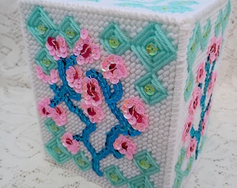 Cherry Blossom Tissue Box Holder in White and Aqua, Sparkly Boho Bed and Bath Decor, Unique Gift for Her