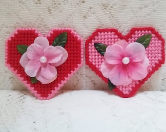 Red and Pink Heart With Flowers Plastic Canvas Refrigerator Magnet Set, Saint Valentines Day Kitchen, Office, or Classroom Decoration