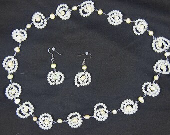 white flower ring necklace and earring set