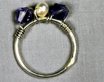 purple crystal and pearl sterling silver ring
