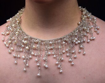 white pearl and silver bridal crystal lace necklace