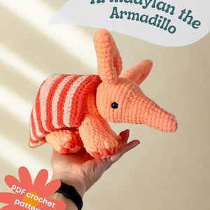 Può includere: Un giocattolo di armadillo all'uncinetto nei toni dell'arancione e del rosa, con un lungo muso e piccole orecchie. La schiena dell'armadillo presenta dettagli a strisce. Il testo "Armadylan the Armadillo" è sopra il giocattolo. Il testo "PDF crochet pattern" è visibile.