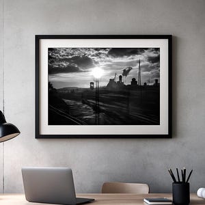 Steel Mill Sunset Printable Wall Art, Black and White Factory Landscape Photo, Moody Industrial Decor, Instant Download