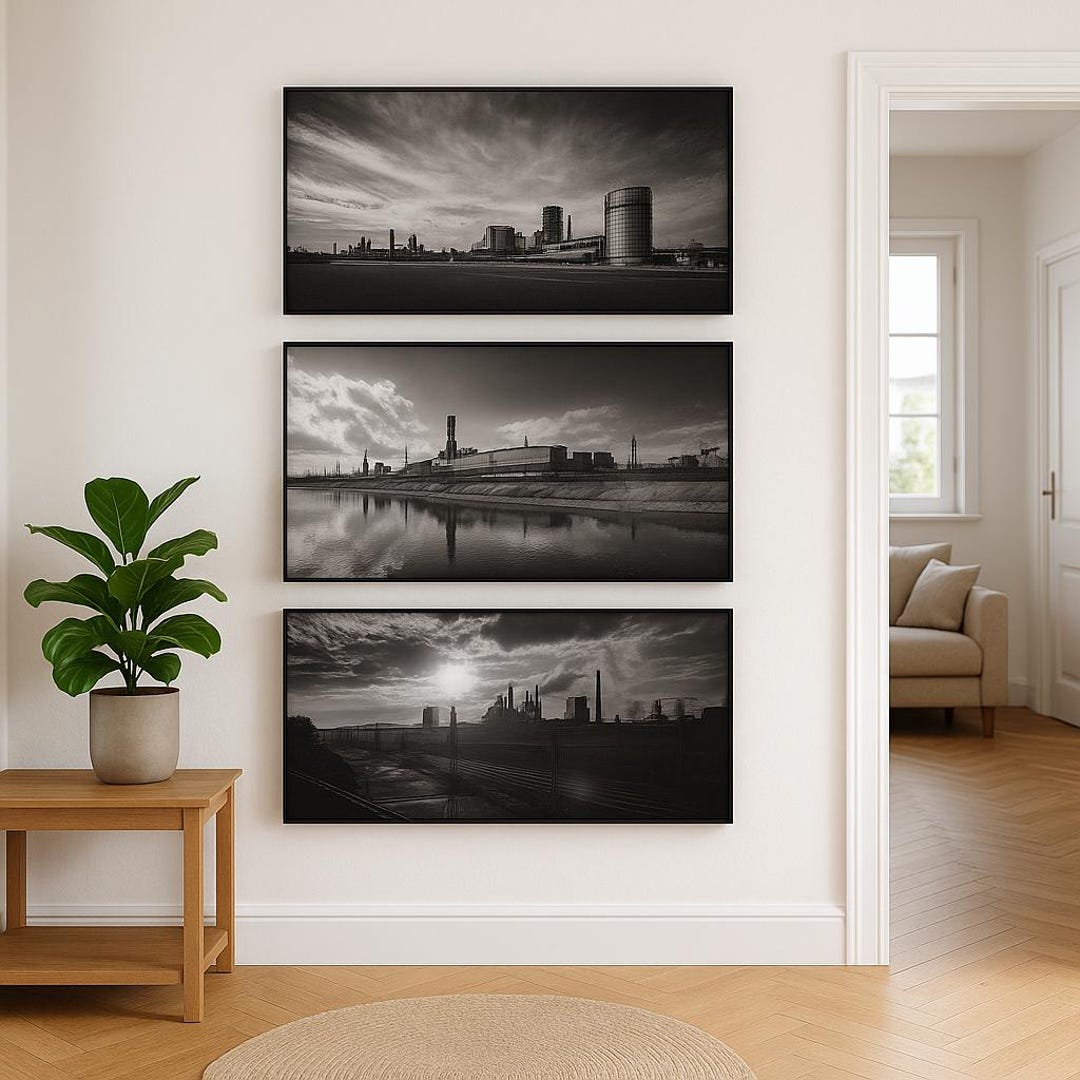 Industrial Factory Wall Art Set · Black & White Industrial Landscape ...