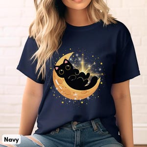 Crescent Moon Cat Shirt Star Shining Space Tshirt Celestial Cute Retro Feline Cartoon Tee for Cat Mom Dad Pet Lover Kid Witchy Cottagecore