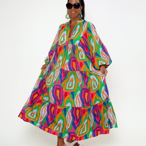 Women's Printed Long Sleeve V Neck Colorful Maxi Dress - Etsy