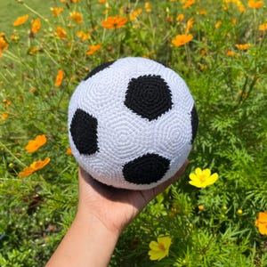 May include: A handmade soccer ball with a white crocheted base and black pentagon shapes. The ball is held in a hand, with a background of green foliage and orange and yellow flowers.