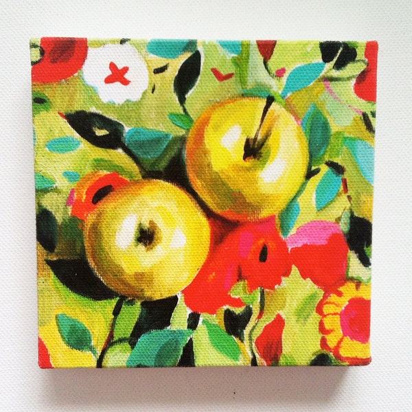 Still life of apples and flowers / Tiny canvas print -FOLK ART PRINT - red yellow green pink orange Colors - canvas art print -Kitchen decor