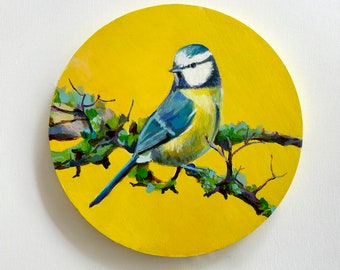 blue tit on yellow- original painting -acrylic painting on Round format wood