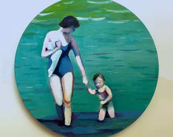 mother and child at the beach- original painting -acrylic painting on Round format wood