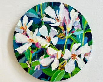 Oleanderblüten grüne und blaue Blätter- Originalgemälde -Acrylmalerei auf rundem Format Holz