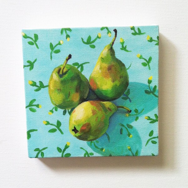 Still life of pears and flowers / Tiny canvas print -FOLK ART PRINT -blue yellow green Colors - canvas art print - Kitchen decor