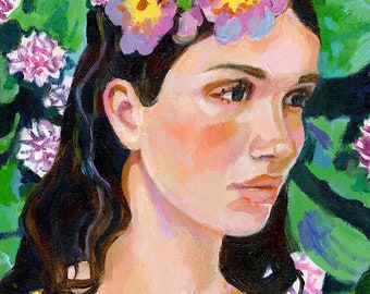 A model on a flowery background- original painting -acrylic painting on canvas