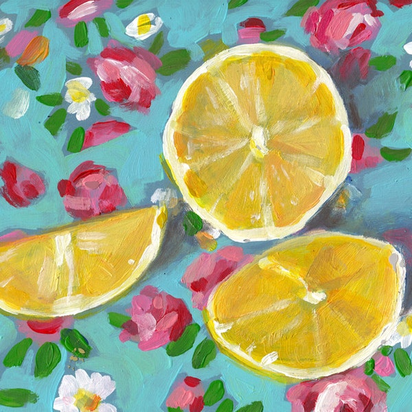 Lemons - folk art painting-  Still life of Lemons and flowers  / original acrylic painting on mdf wall art- wall decor- home decor
