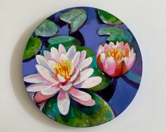 Water lilies- original painting -acrylic painting on Round format wood