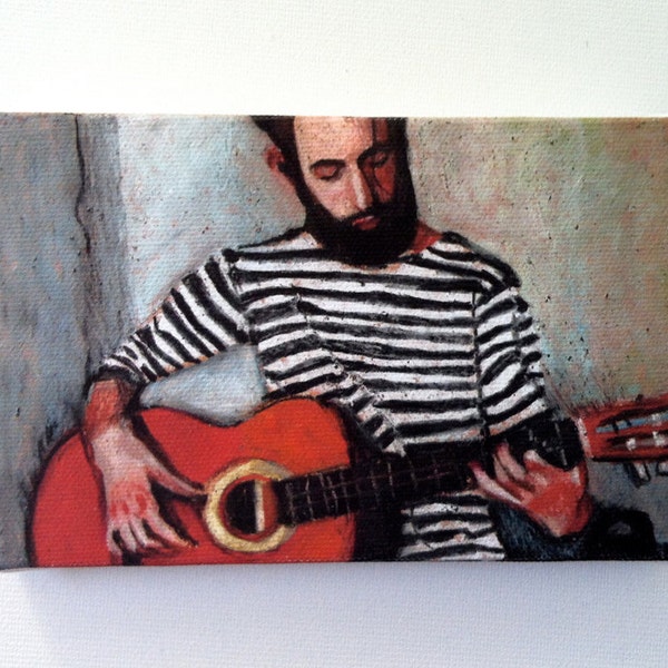 Seaman / Tiny canvas print / Guitar  / Red guitar / wall art print / small canvas print / small art / tiny drawing print