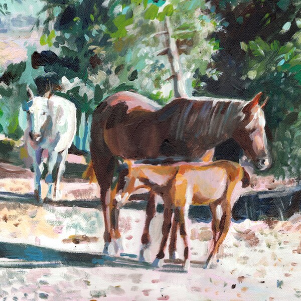 Kibbutz Baram in north Israel- Wild horses -Mother and baby - horse  art- original painting -acrylic painting on canvas