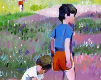 Children play in the fields - original painting -acrylic painting on canvas