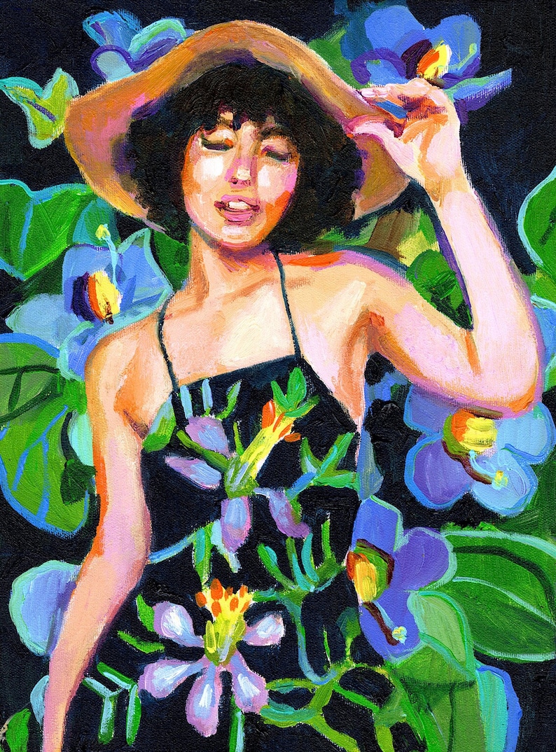A model on a flowery purple background original painting acrylic painting on canvas image 1