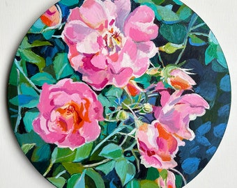 Rosa Blumen, grüne und blaue Blätter- Originalgemälde -Acrylgemälde auf rundem Format Holz