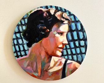 Vintage Dame auf Rund - Original Gemälde -Acrylgemälde auf Rundformat Holz