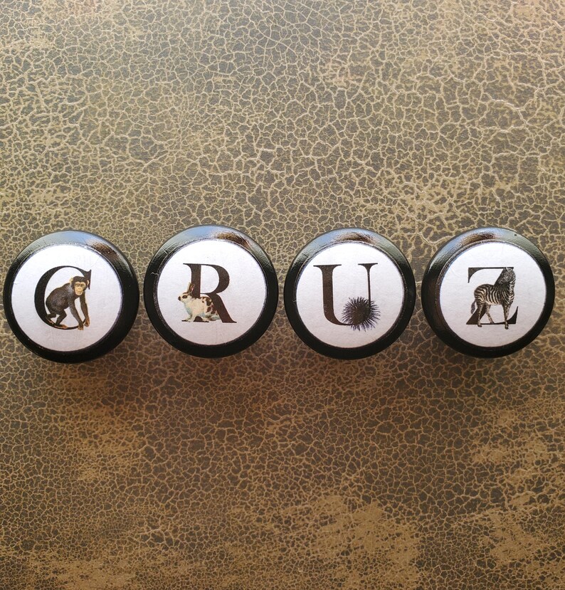 以下が含まれることがあります： 「CRUZ」と綴られた4つの白黒の引き出しノブ。各ノブには文字と動物のイラストが描かれています。猿、ウサギ、ウニ、シマウマです。ノブは、質感のある茶色の背景に配置されています。