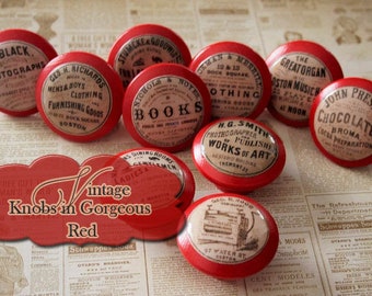 Wooden Knobs with Vintage Labels, 10 different designed Door Pulls
