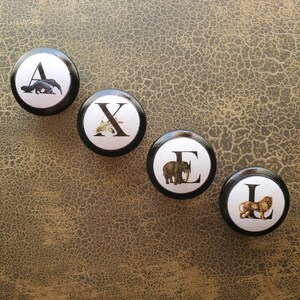 以下が含まれることがあります： 黒い縁と白い中心を持つ4つの丸いキャビネットノブ。各ノブには文字と動物のイラストが描かれています。Aはクマ、Xは魚、Eは象、Lはライオンです。ノブは斜めに配置されています。