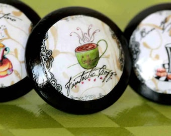 Bistro Wooden door pulls, 4 Different Cup Designs, Kitchen Decor