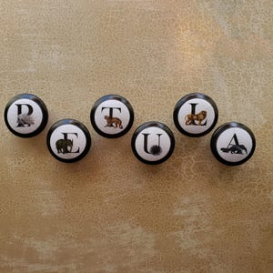 以下が含まれることがあります： 「PETULA」という単語を綴る、白黒のキャビネットノブ7個セット。各ノブには文字と動物のイラストが描かれており、トラ、ライオン、ゾウなどが含まれています。ノブは、質感のある明るい茶色の表面に配置されています。