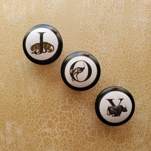 以下が含まれることがあります： 黒と白の装飾的なキャビネットノブが3つ。 各ノブには文字と動物のイラストが描かれています。「J」の文字とヒョウ、「O」の文字とダチョウ、「V」の文字とサイ。
