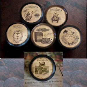 Wooden Knobs, with Vintage Teapot, Bees, Birds, Cows and Flowers