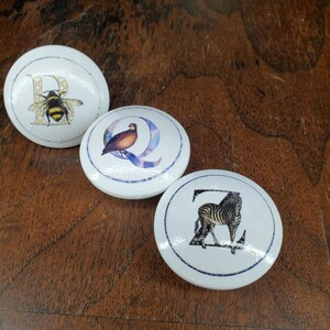 May include: Three white cabinet knobs with decorative designs. One knob features a bee with the letter "B", another has a bird with the letter "Q", and the last one displays a zebra with the letter "Z".