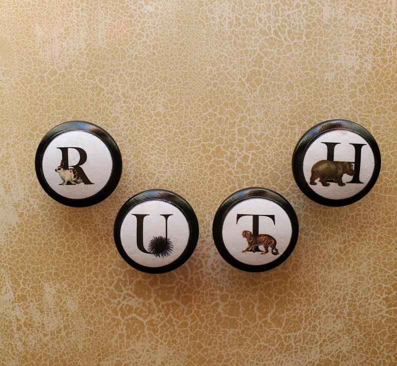 以下が含まれることがあります： 黒と白の装飾的な丸いキャビネットノブが5つ。各ノブにはアルファベットの文字と対応する動物のイラストが描かれています。Rはウサギ、Uはウニ、Tはトラ、Hはクマです。