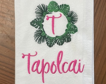 Tropical palm leaf monogrammed kitchen or bathroom hand towel