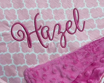 Embroidered monogramed personalized quatrefoil minky baby blanket shower gift