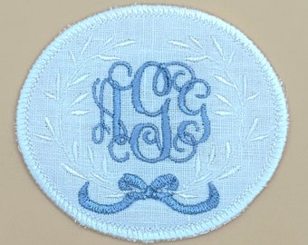 Embroidered Monogrammed Bridal Patch Wedding Dress something blue in White Linen Personalized Wreath with Bow