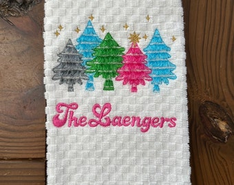 Christmas personalized kitchen or bathroom hand towel retro Christmas trees with fringe