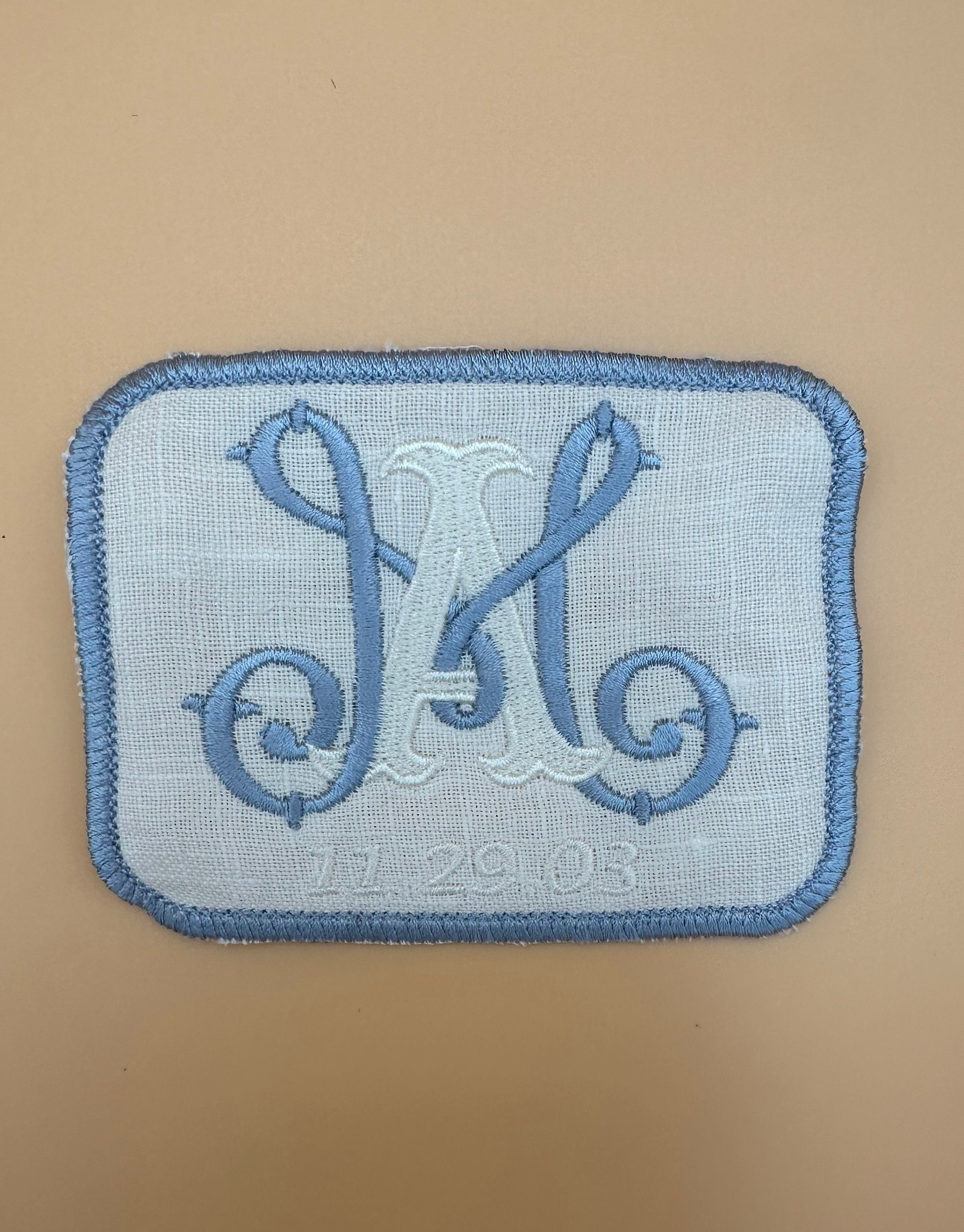 Embroidered Monogrammed Bridal Patch Wedding Dress something blue in White Linen Personalized Intertwined Monogram with Wedding Date