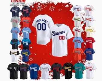 May include: A collection of baseball jerseys in various colors, including white, blue, red, and black. Each jersey features a team name and number, with the option for custom requests. The text "CUSTOM any request any style & color" is visible.