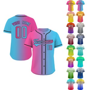 May include: A customizable baseball jersey with a gradient design in pink and blue. The jersey has a black collar and black trim around the sleeves. The front of the jersey has the text "Teamname" and the number "00" in a retro font. The back of the jersey has the text "Your Name" and the number "00".