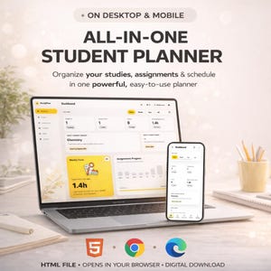May include: A laptop and smartphone displaying a student planner interface. The screen shows a dashboard with subjects, assignments, and schedule details. The text reads "ALL-IN-ONE STUDENT PLANNER" and "Organize your studies, assignments & schedule in one powerful, easy-to-use planner."