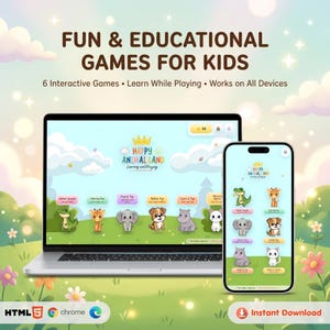 Happy Animal Land Pedagogiska spel för barn | 6 interaktiva minispel (digital nedladdning)