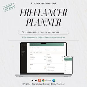 May include: A digital product advertisement for a freelancer planner. The design features a laptop and smartphone displaying the planner interface. Text includes "FREELANCER PLANNER" and "HTML Web App for Projects, Tasks, Clients & Invoices."