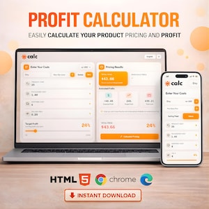 May include: A laptop and smartphone display a profit calculator interface. The screen shows pricing results, estimated profits, and a total price of $43.66. The text "PROFIT CALCULATOR" and "INSTANT DOWNLOAD" are also visible.