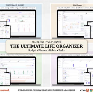 May include: A digital planner displayed on a laptop, tablet, and smartphone. The planner features sections for budgeting, life planning, and task management. Text includes "THE ULTIMATE LIFE ORGANIZER" and "Instant Download."