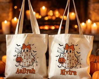 Personalized Trick or Treat Bag,Halloween Tote Bag for Kids,Customized Canvas Tote Bag for Trick or Treat,Goodie Gift Bag,Candy Tote Bags
